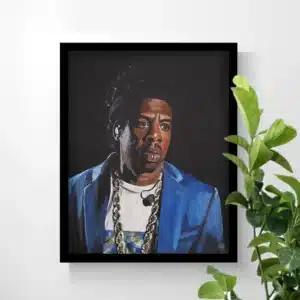 A framed poster print of the Jay Z painting "The Throne part I" on a white wall with a plant from the right corner.