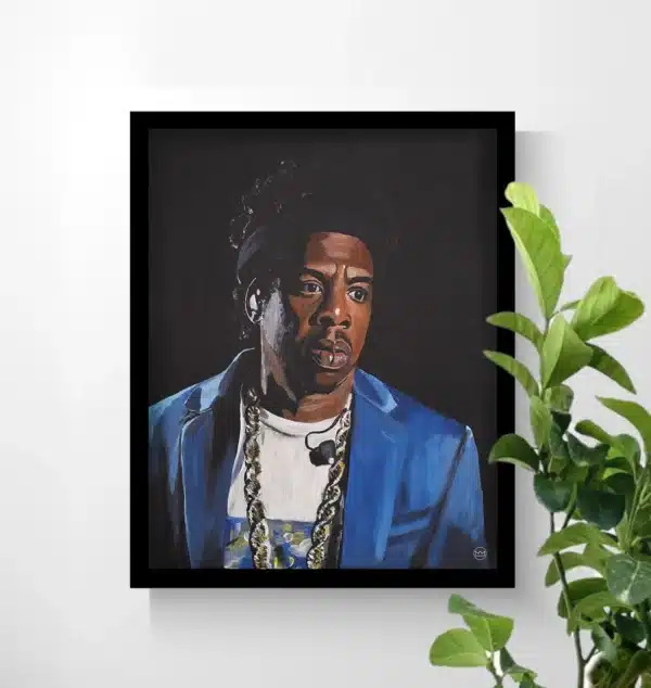 A framed poster print of the Jay Z painting "The Throne part I" on a white wall with a plant from the right corner.