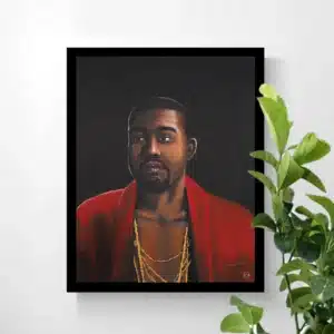 A framed poster print of the Kanye Ye West painting "The Throne part II" on a white wall with a plant from the right corner.