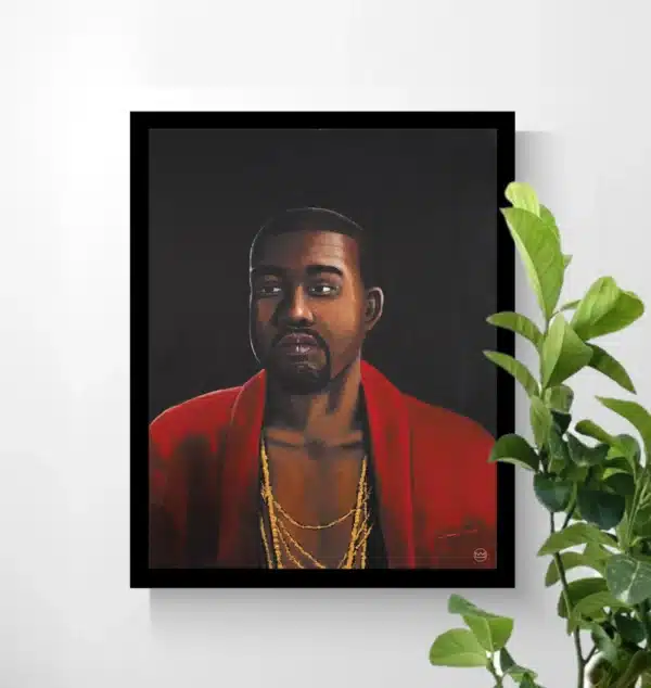 A framed poster print of the Kanye Ye West painting "The Throne part II" on a white wall with a plant from the right corner.