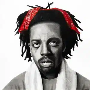 The Kempi drawing by Pencilking shows Dutch rapper Kempi in black and white with a red bandana.