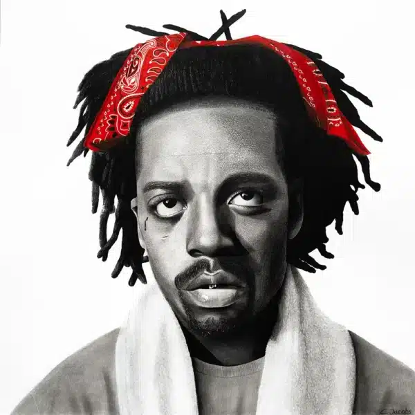 The Kempi drawing by Pencilking shows Dutch rapper Kempi in black and white with a red bandana.