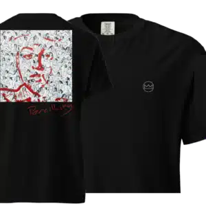 Pencilking T shirt. Black with white embroided logo on left chest. On the back the MACADELIC painting of Pencilking can be seen with a handwritten "Pencilking" beneath it.