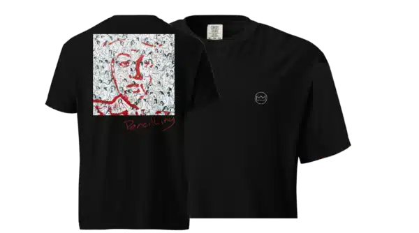 Pencilking T shirt. Black with white embroided logo on left chest. On the back the MACADELIC painting of Pencilking can be seen with a handwritten "Pencilking" beneath it.