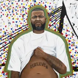 A painting of Dutch rapper Hef by pencilking showing Hef with his shirt up showing his famous tattoo saying Kutleven. He's standing in front of the Erasmus bridge in Rotterdam.