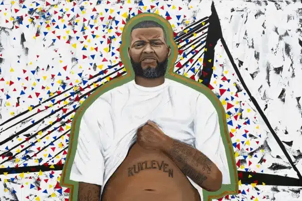 A painting of Dutch rapper Hef by pencilking showing Hef with his shirt up showing his famous tattoo saying Kutleven. He's standing in front of the Erasmus bridge in Rotterdam.