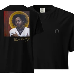 Pencilking T shirt. Black with white embroided logo on left chest. On the back the MACADELIC painting of Pencilking can be seen with a handwritten "Pencilking" beneath it.