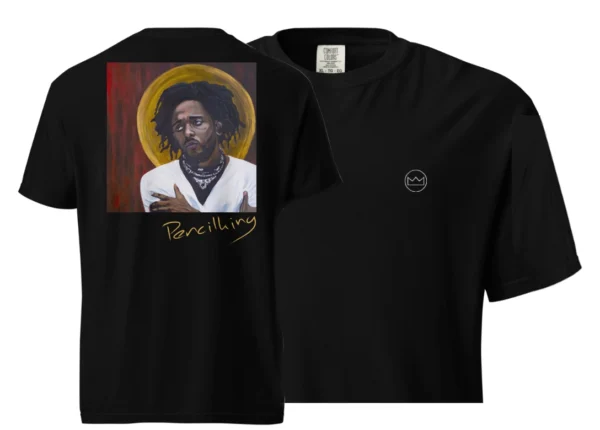 Pencilking T shirt. Black with white embroided logo on left chest. On the back the MACADELIC painting of Pencilking can be seen with a handwritten "Pencilking" beneath it.