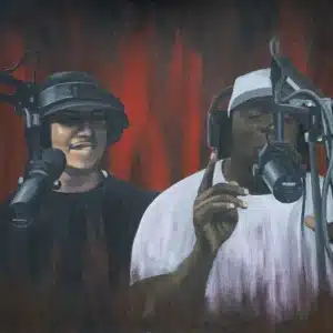 A painting of Winne & Feis (two Dutch rappers) painted by Pencilking inspired by a session of 101Barz