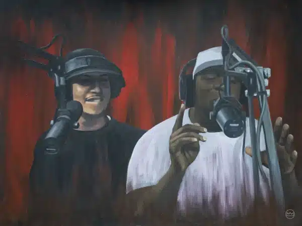 A painting of Winne & Feis (two Dutch rappers) painted by Pencilking inspired by a session of 101Barz