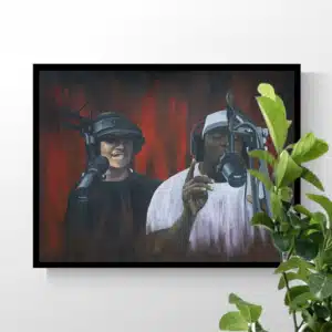 A painting of Winne & Feis (two Dutch rappers) painted by Pencilking inspired by a session of 101Barz