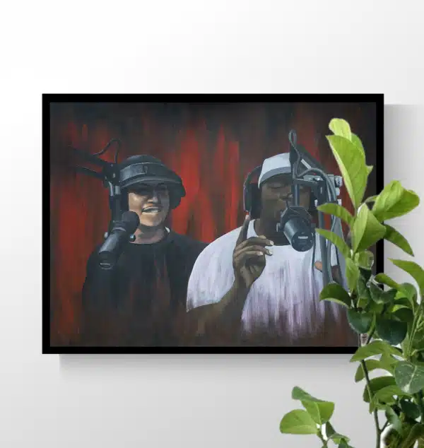 A painting of Winne & Feis (two Dutch rappers) painted by Pencilking inspired by a session of 101Barz